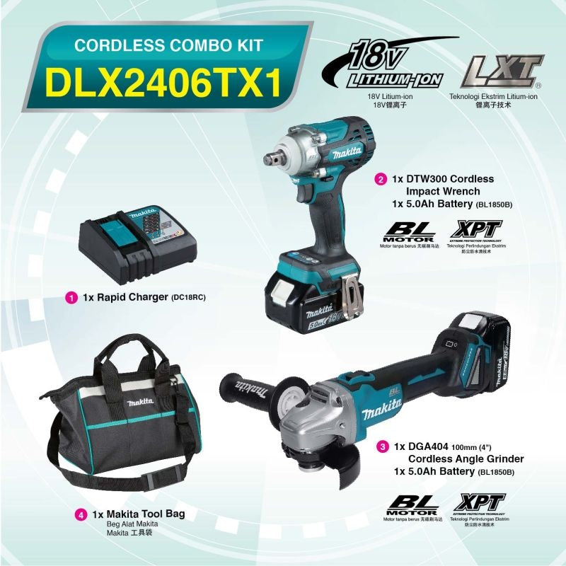 Makita DLX2406TX1 18V Combo Kit DGA404Z Angle Grinder + DTW300Z Impact Wrench