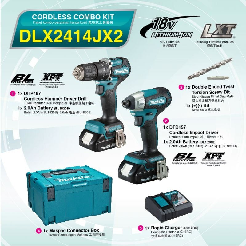 Makita DLX2414JX2 18V Combo Kit DHP487 & DTD157 with 2x3.0Ah Batteries
