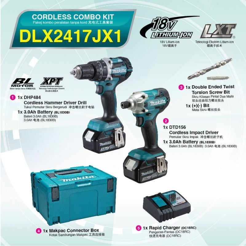 Makita DLX2417JX1 18V Combo Kit DHP484 & DTD156 with 2x3.0Ah Batteries