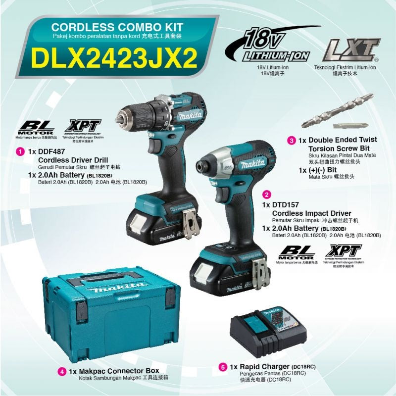 Makita DLX2423JX2 18V Combo Kit DTD157 & DDF487 with 2x3.0Ah Batteries