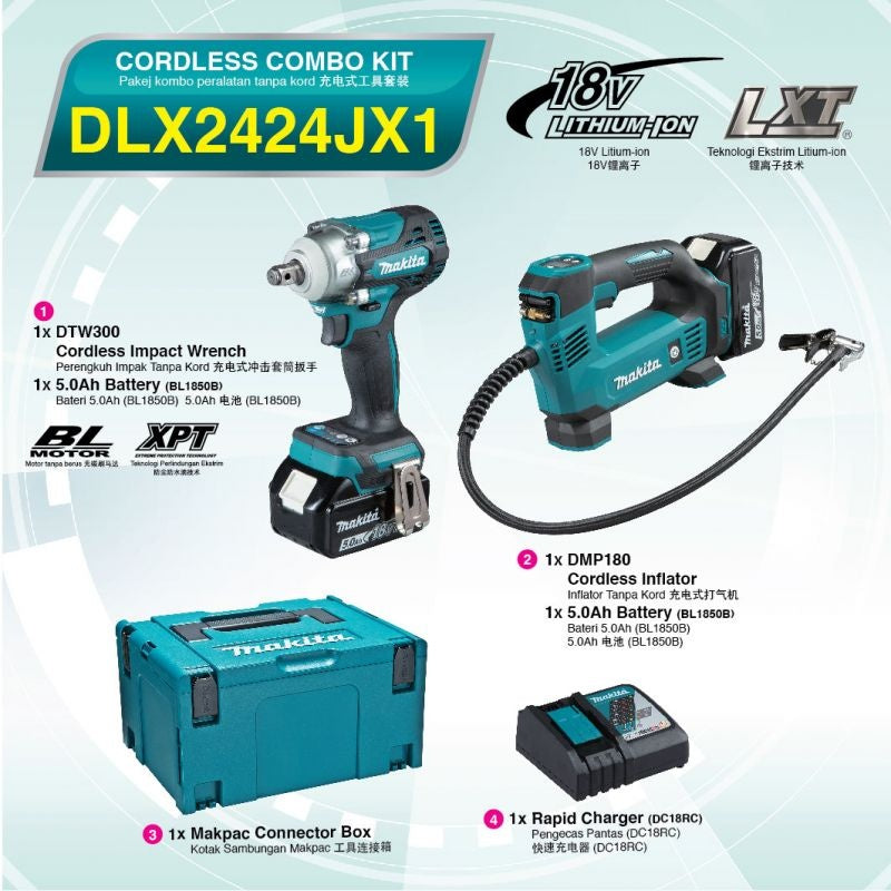 Makita DLX2424JX1 18V Combo Kit DMP180 & DTW300 with 2x4.0Ah Batteries