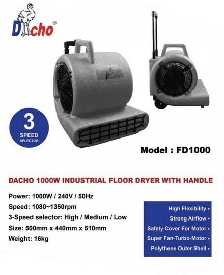 Dacho FD1000 1000W Industrial Floor Dryer Fan Blower with Handle FD1000