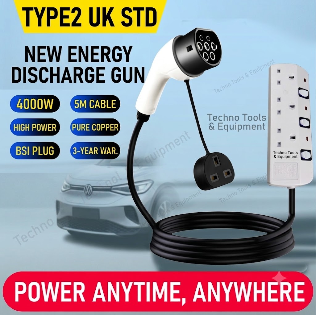 V2L Electric Car Adapter Type 2 to 3-Pin Standard Socket 13A 220V Techno Tools & Equipment