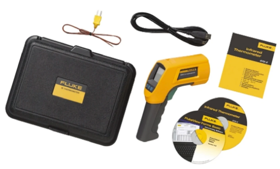 Fluke 572-2 infrared thermometer set with carrying case, probes, and manual on a white background