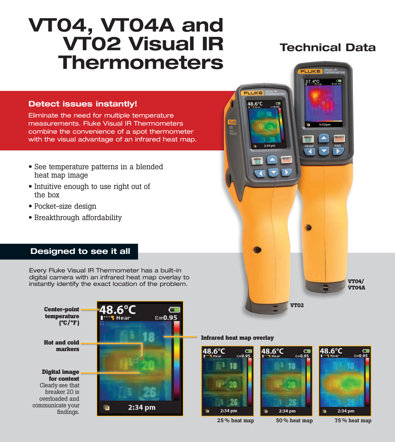 Introduction of Fluke VT02, VT04 & VT04A visual infrared thermometer, IR heat map blending, hot/cold markers, SmartView software. 1 year warranty. 