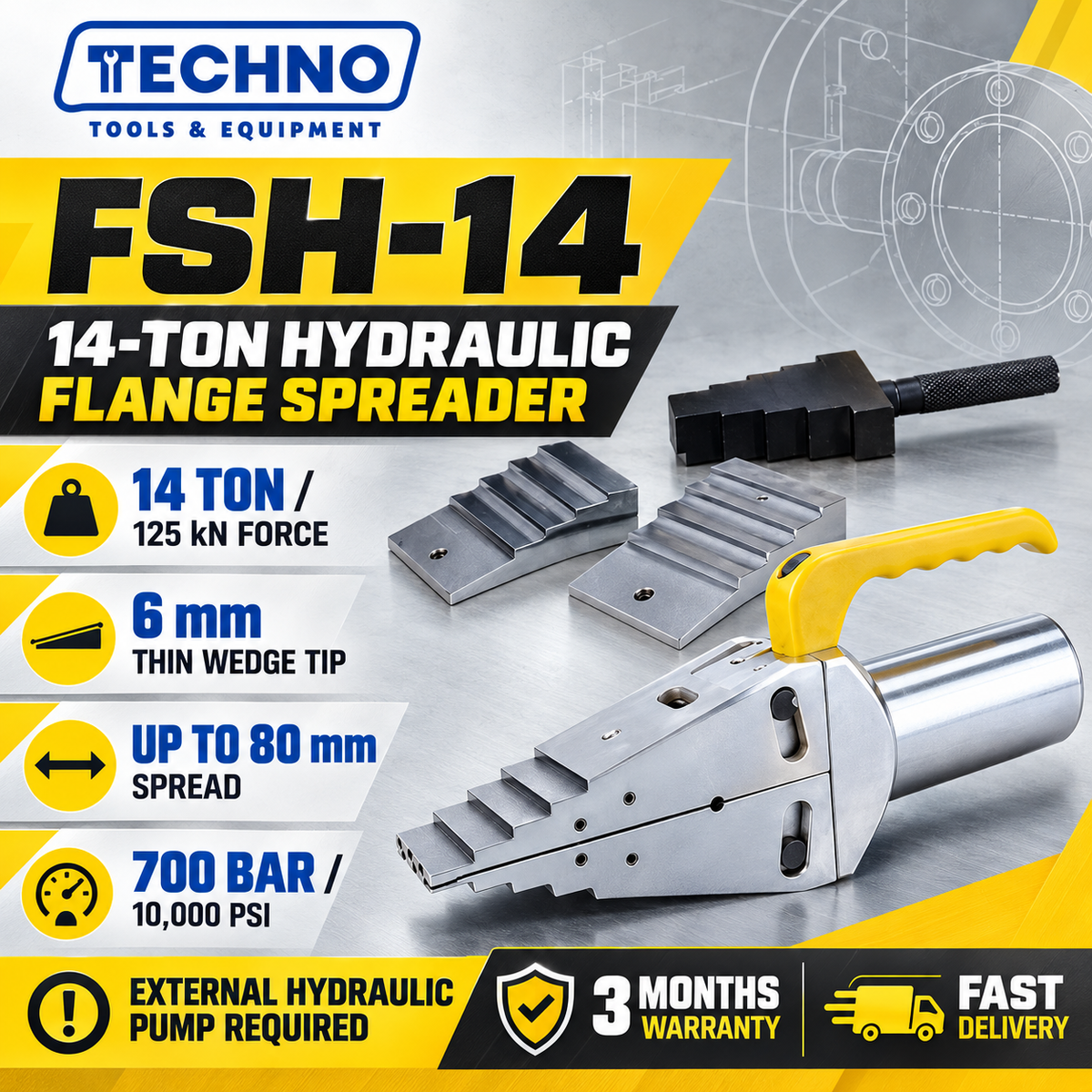 OEM FSH-14 14-ton hydraulic flange spreader infographic: 6mm wedge tip, 80mm spread, 700 bar