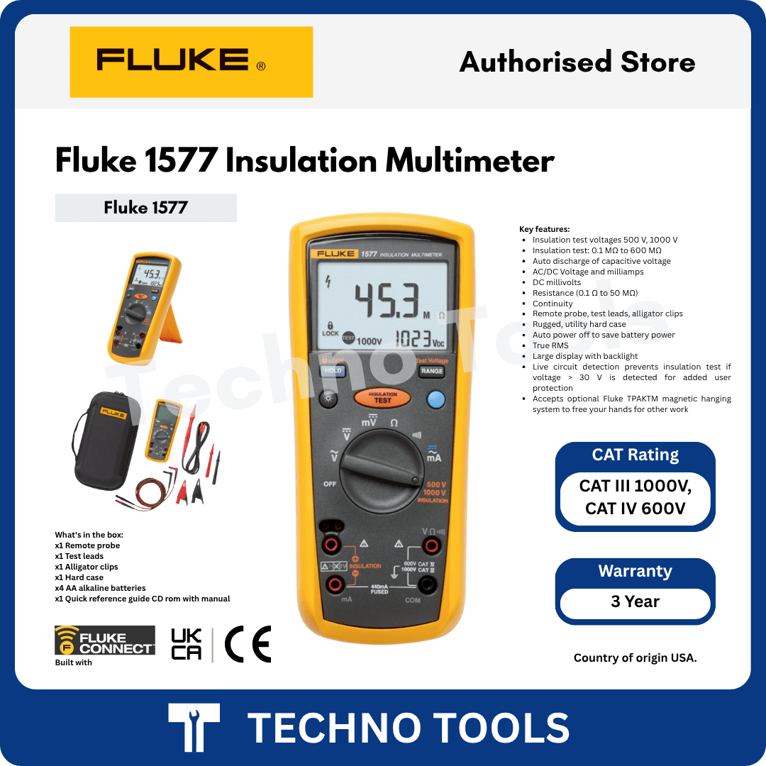 Fluke 1577 Insulation Multimeter with full kit, CAT rating, and key features overview by Techno Tools Authorised Store