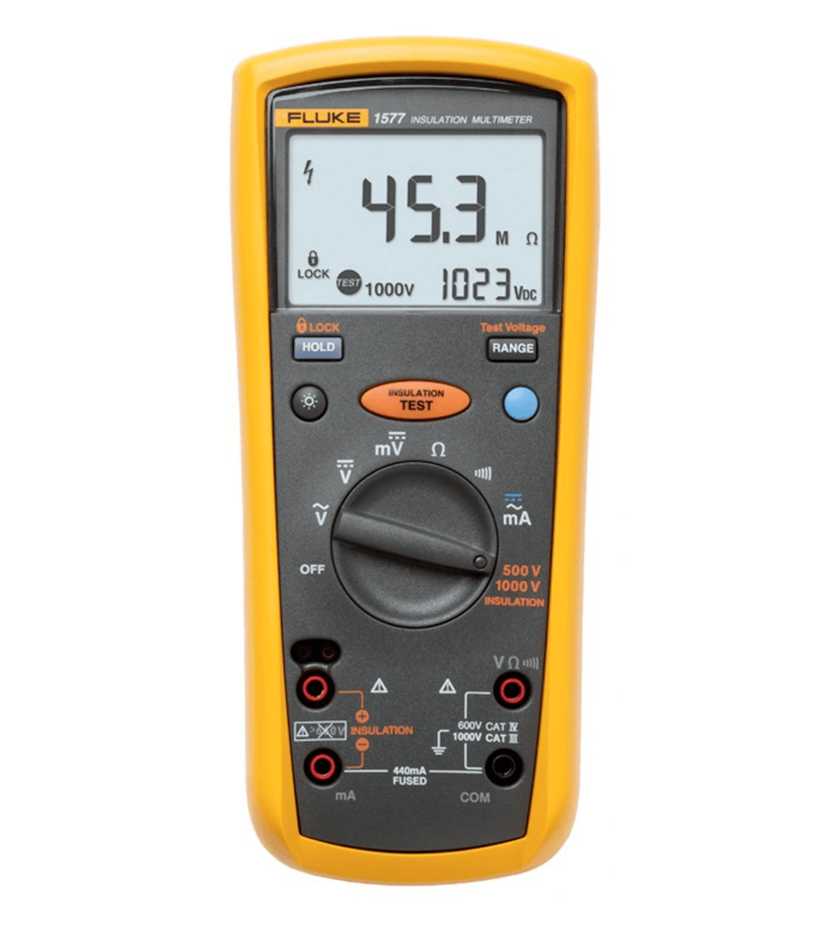 Fluke 1577 front view showing digital LCD screen, rotary dial, and insulation test functions