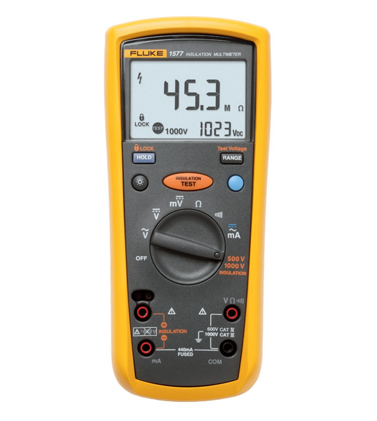 Fluke 1577 front view showing digital LCD screen, rotary dial, and insulation test functions