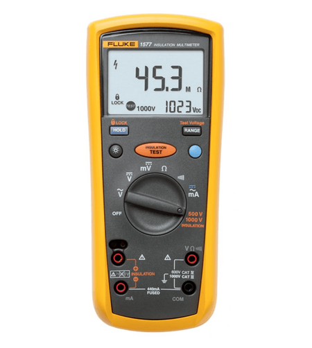 Fluke 1577 front view showing digital LCD screen, rotary dial, and insulation test functions