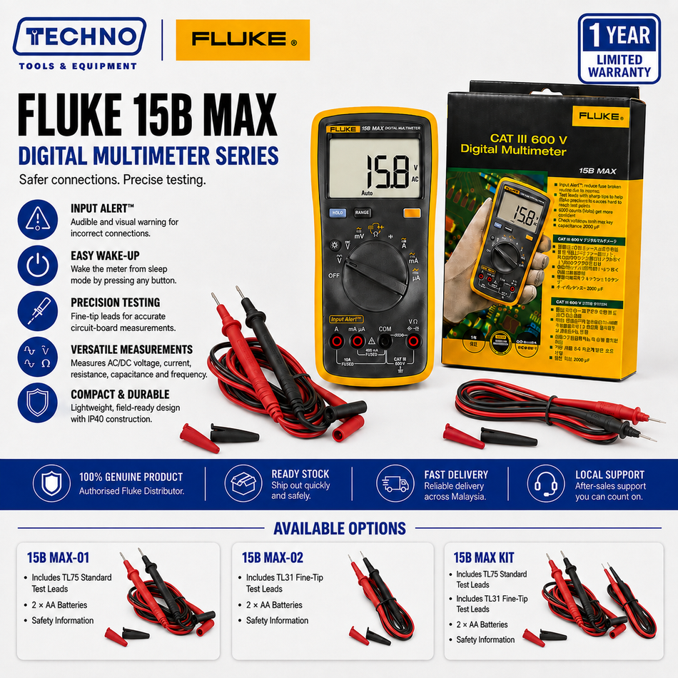 Fluke 15B MAX True-RMS Digital Multimeter | CAT III 600V | MAX-01 MAX-02 MAX-KIT FLUKE