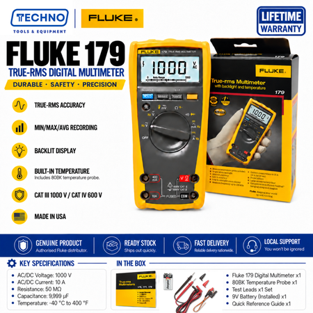 Fluke 179 True-RMS Digital Multimeter | CAT III 1000V Temperature Probe Included FLUKE