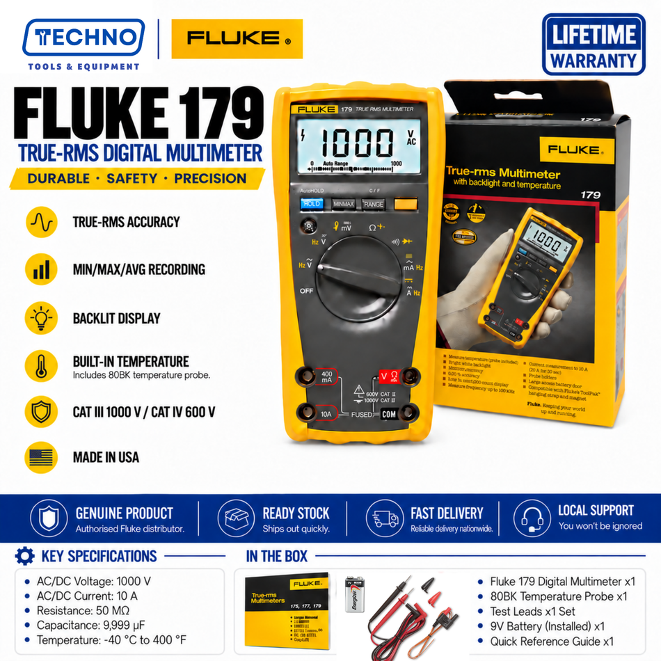 Fluke 179 True-RMS Digital Multimeter | CAT III 1000V Temperature Probe Included FLUKE