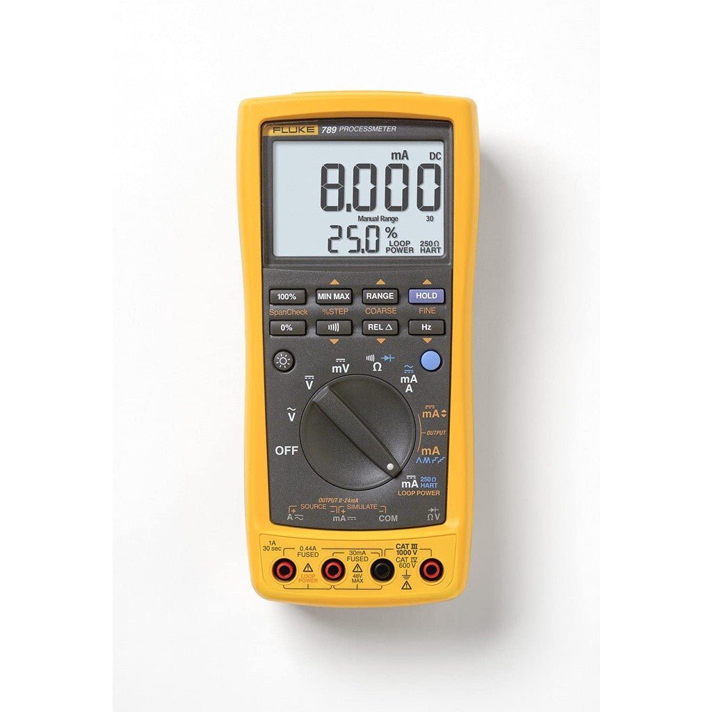 Fluke 787 ProcessMeter front view on white background, showing digital display and control dial