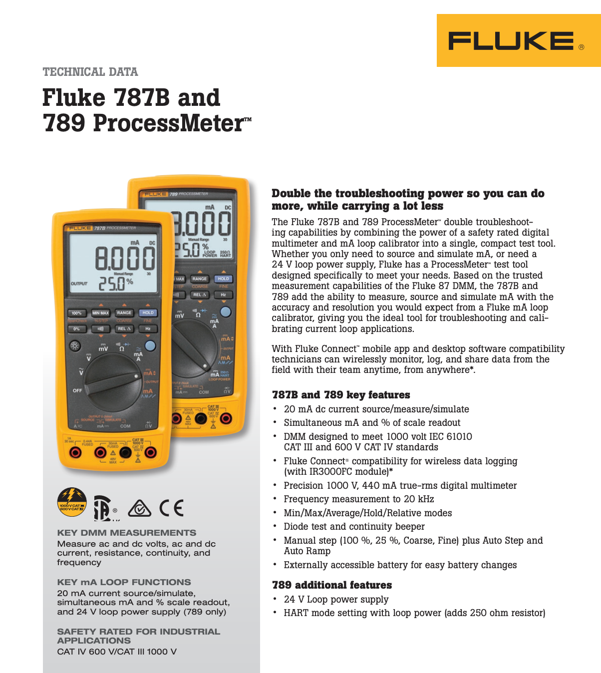 Fluke 787B and 789 ProcessMeter technical data sheet with product images and text.