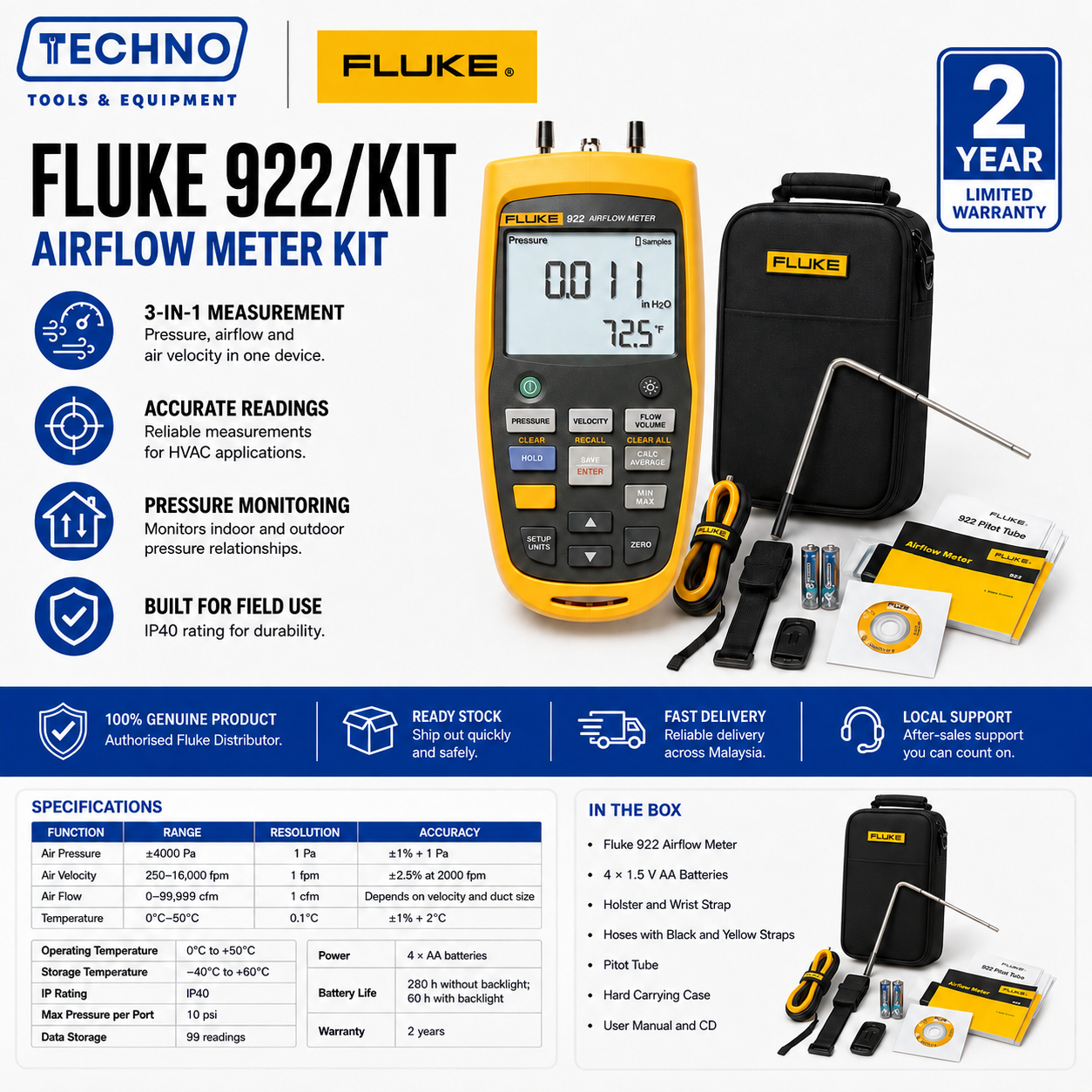Fluke 922/Kit Airflow Meter Kit | Differential Pressure Air Velocity HVAC Tester FLUKE