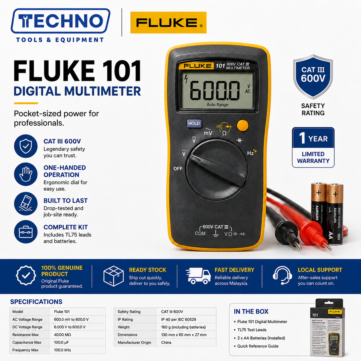 Fluke 101 Digital Multimeter | Compact, CAT III 600 V, 6000-Count FLUKE