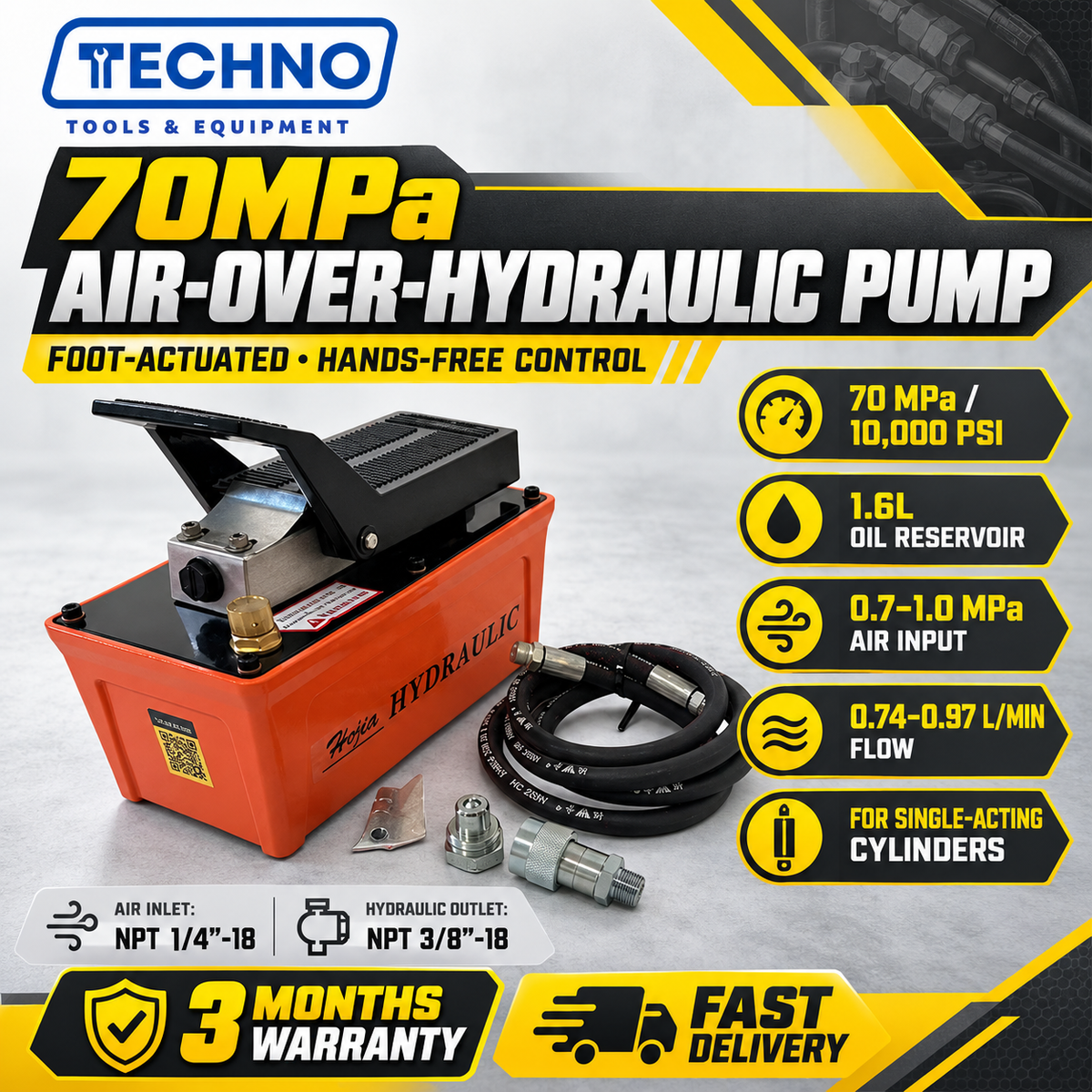 Pneumatic Air Hydraulic Foot Pump 70MPa (10000 PSI) 1.6L Hydraulic Oil Treadle Power Unit with Hose & Coupler OEM