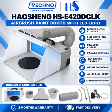 HSENG HS-E420DCLK Airbrush Spray Booth Extractor | LED Light & Hose Foldable HAOSHENG