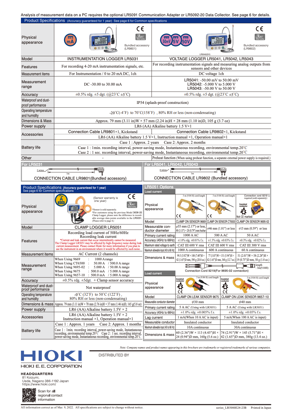 Technical specifications sheet for HIOKI LR5000 Series measurement instruments by Malaysia local supplier Techno Tools & Equipments.