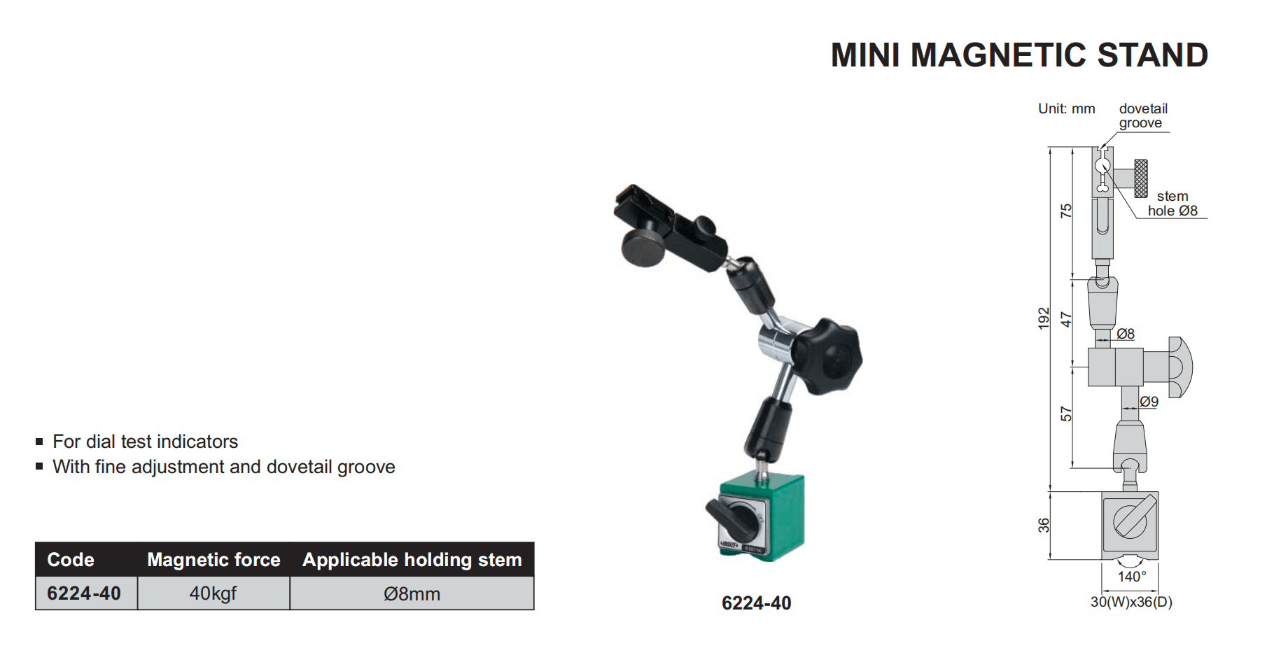 INSIZE 6224-40 Mini magnetic stand with technical details on a white background