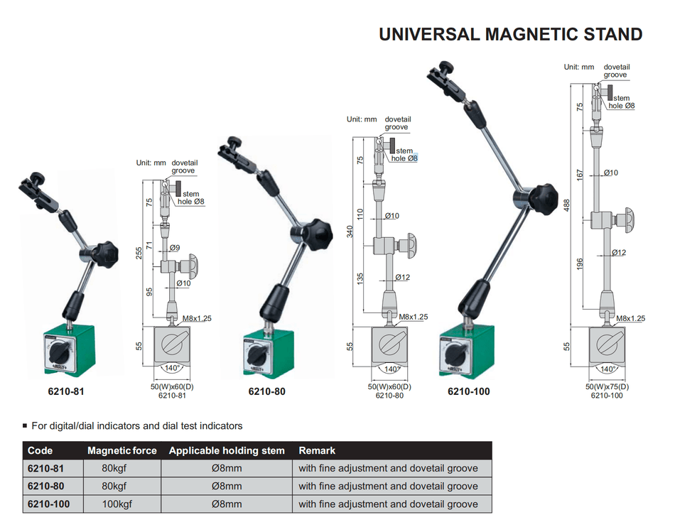 Universal Magnetic Stand from Brand INSIZE, from 80kgf up to 100kgf, 8mm holding stem, with 3 type of model 6210-81, 6210-80, and 6210-100.