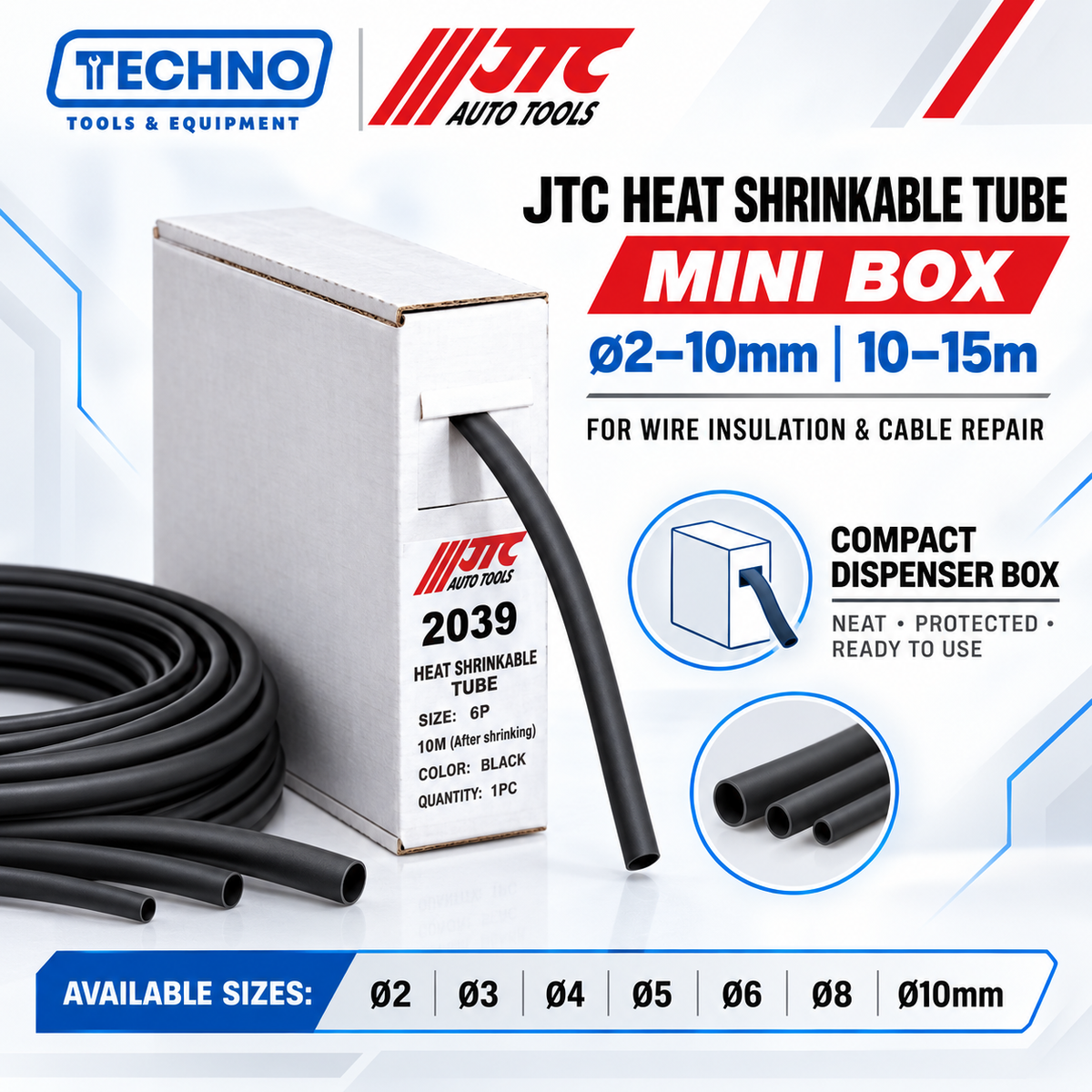 JTC Auto Tools 2039 mini heat shrinkable tube in a compact dispenser box, shown with a coil of black tubing and product information text on a white and blue graphic background.