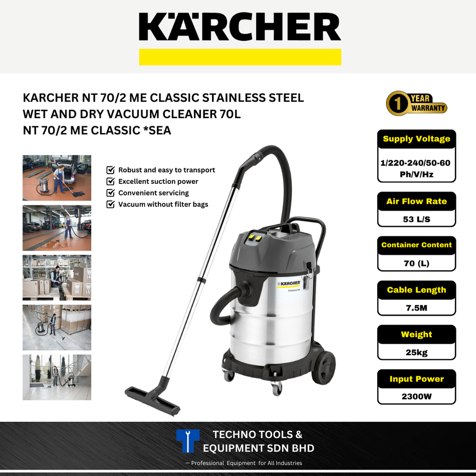 KARCHER NT70/2 ME CLASSIC STAINLESS STEEL, 2400W WET AND DRY VACUUM CLEANER 70L NT 70/2 ME CLASSIC *SEA