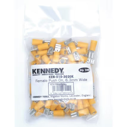 KENNEDY 6.3mm Yellow Female Push-On Terminal Pack 100 Insulated Connectors KENNEDY