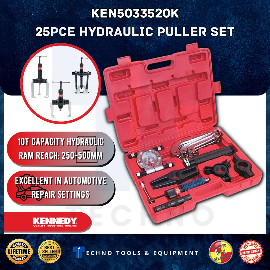 A 25-piece Kennady hydraulic puller set (KEN5033520K) in a red case, with various puller legs and a hydraulic ram, and a beam, and a twin head, and a triple head, and a ram nut, and a centre adapter, and a bolt, and a storage case.