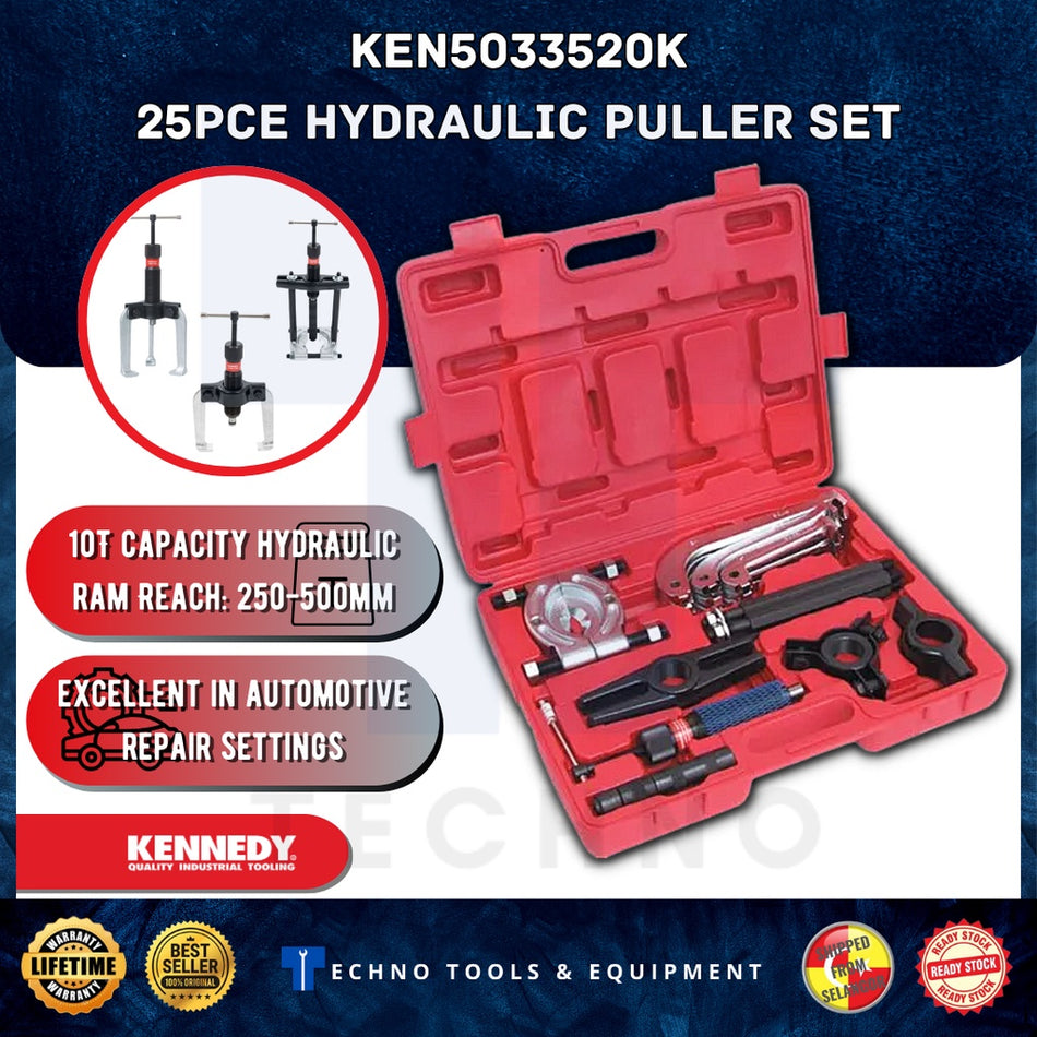 A 25-piece Kennady hydraulic puller set (KEN5033520K) in a red case, with various puller legs and a hydraulic ram, and a beam, and a twin head, and a triple head, and a ram nut, and a centre adapter, and a bolt, and a storage case.