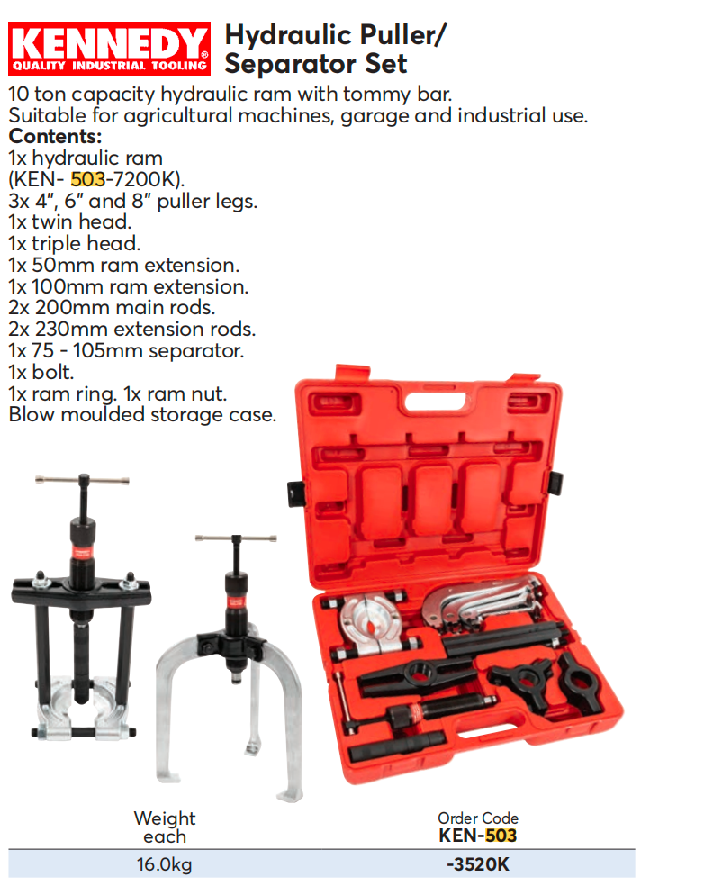 Hydraulic Puller / Separator set, brand kennedy, model KEN5033520K datasheet