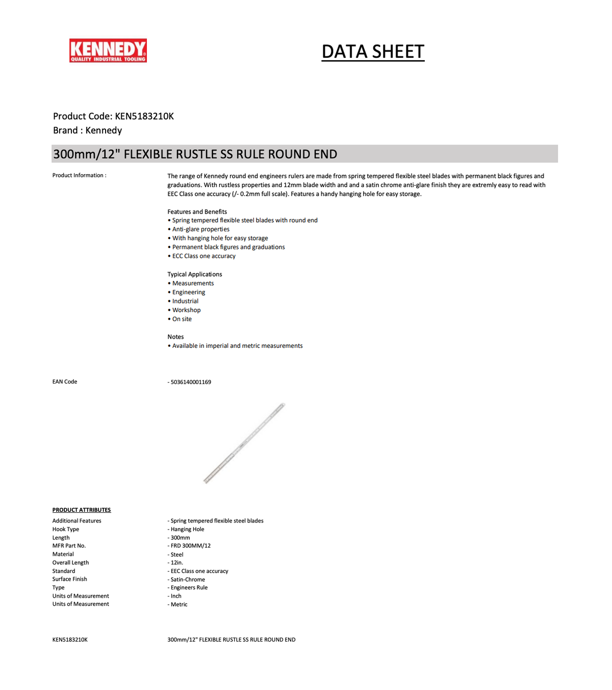 KENNEDY 300mm/12" / 300mm FLEXIBLE RUSTLESS RULE ROUND END KEN5183210K KEN5183230K KENNEDY