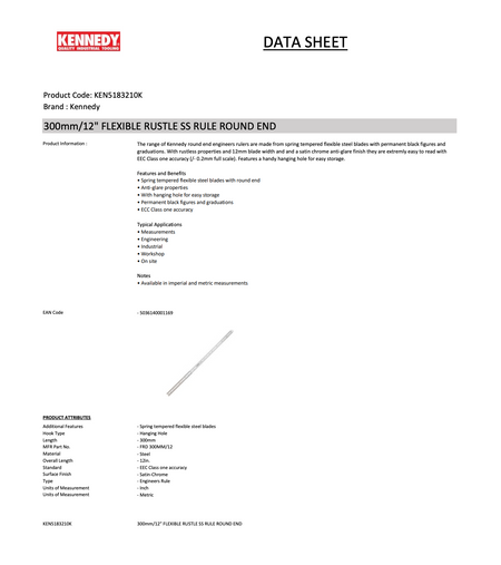 KENNEDY 300mm/12" / 300mm FLEXIBLE RUSTLESS RULE ROUND END KEN5183210K KEN5183230K KENNEDY