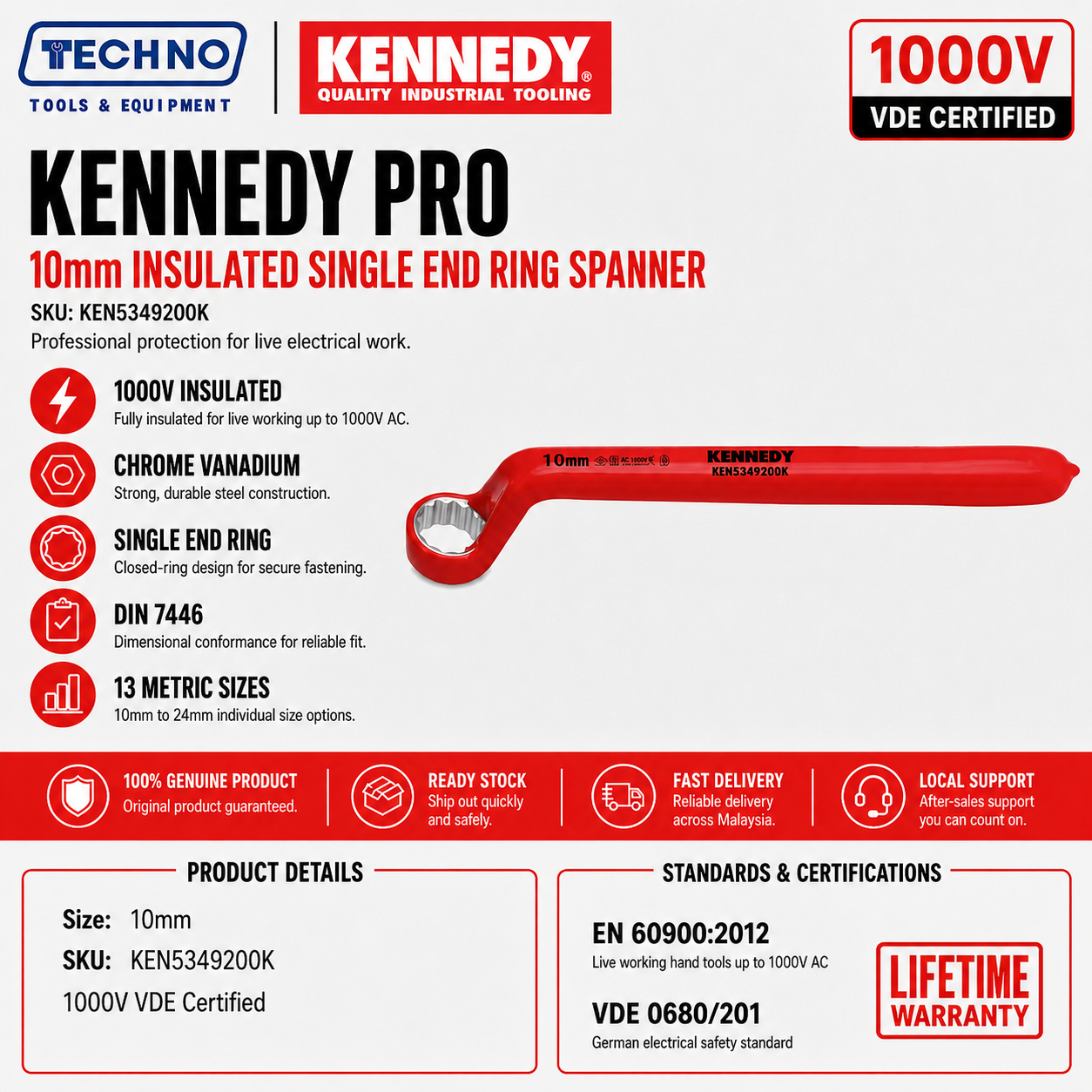 10mm Insulated Single End Ring Spanner 1000V VDE by Kennedy Pro | Metric available in size 10-24mm Chrome Vanadium
