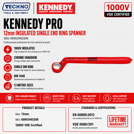 12mm Insulated Single End Ring Spanner 1000V VDE by Kennedy Pro | Metric available in size 10-24mm Chrome Vanadium