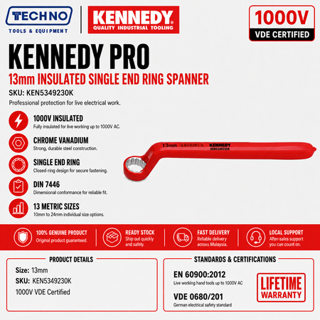 13mm Insulated Single End Ring Spanner 1000V VDE by Kennedy Pro | Metric available in size 10-24mm Chrome Vanadium