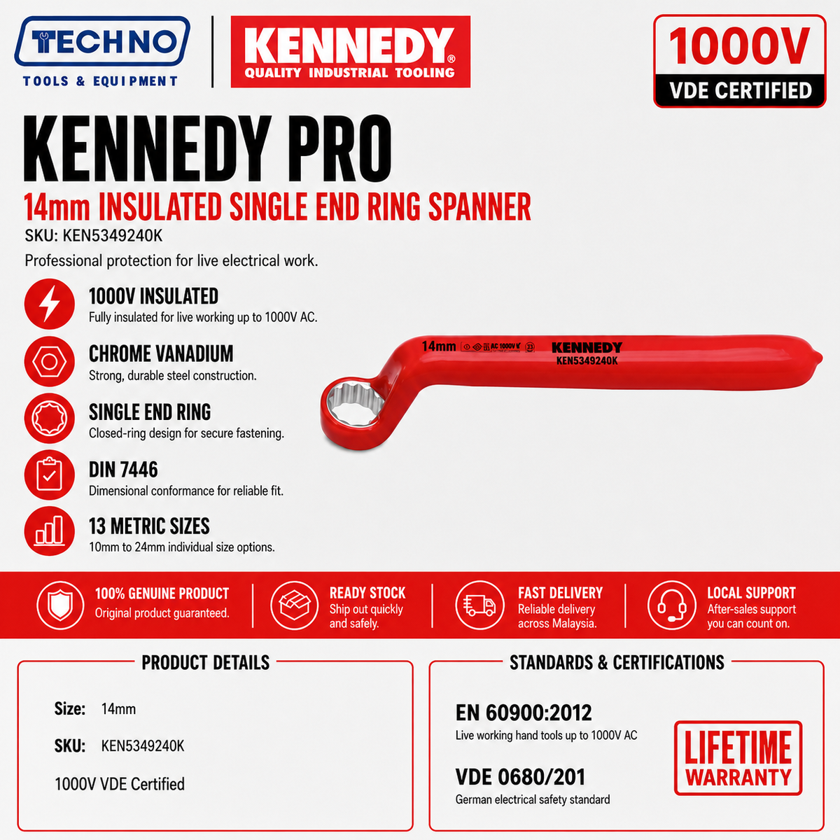 14mm Insulated Single End Ring Spanner 1000V VDE by Kennedy Pro | Metric available in size 10-24mm Chrome Vanadium