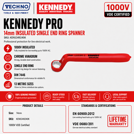 14mm Insulated Single End Ring Spanner 1000V VDE by Kennedy Pro | Metric available in size 10-24mm Chrome Vanadium