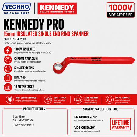 15mm Insulated Single End Ring Spanner 1000V VDE by Kennedy Pro | Metric available in size 10-24mm Chrome Vanadium