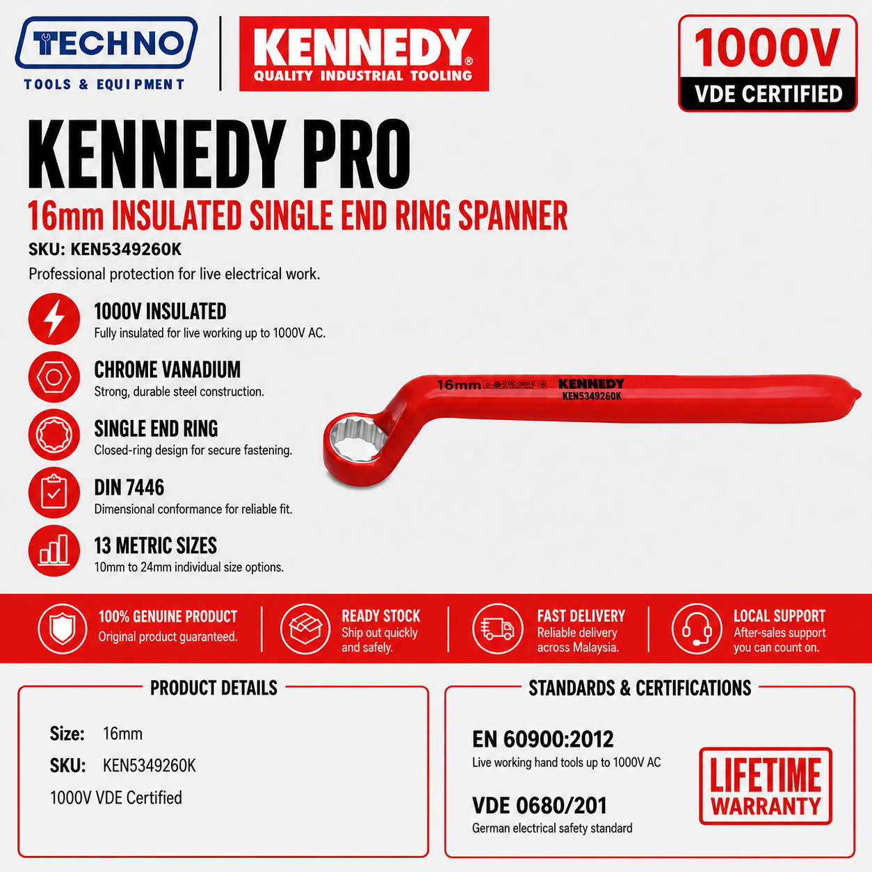 16mm Insulated Single End Ring Spanner 1000V VDE by Kennedy Pro | Metric available in size 10-24mm Chrome Vanadium