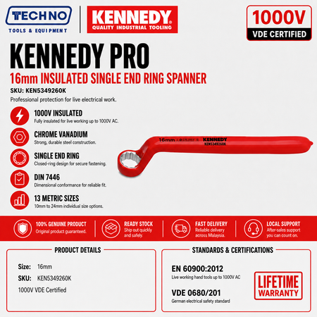 16mm Insulated Single End Ring Spanner 1000V VDE by Kennedy Pro | Metric available in size 10-24mm Chrome Vanadium