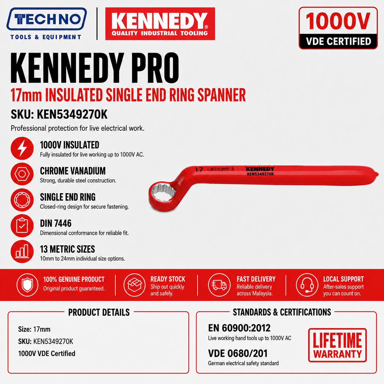 17mm Insulated Single End Ring Spanner 1000V VDE by Kennedy Pro | Metric available in size 10-24mm Chrome Vanadium