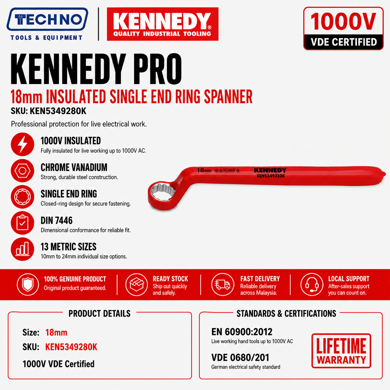 18mm Insulated Single End Ring Spanner 1000V VDE by Kennedy Pro | Metric available in size 10-24mm Chrome Vanadium