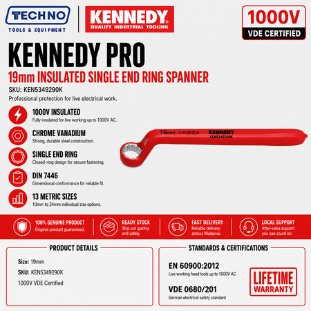 19mm Insulated Single End Ring Spanner 1000V VDE by Kennedy Pro | Metric available in size 10-24mm Chrome Vanadium