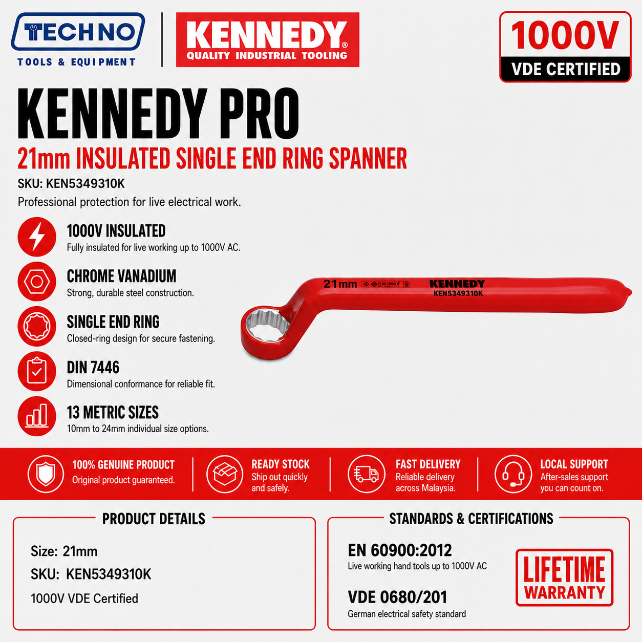 21mm Insulated Single End Ring Spanner 1000V VDE by Kennedy Pro | Metric available in size 10-24mm Chrome Vanadium
