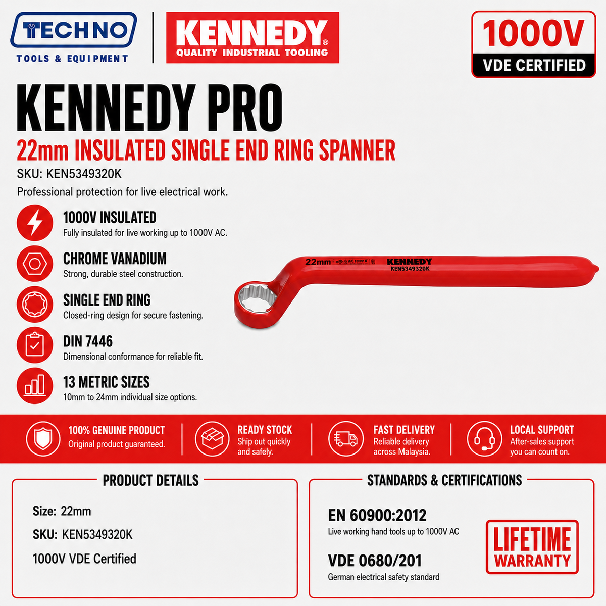 22mm Insulated Single End Ring Spanner 1000V VDE by Kennedy Pro | Metric available in size 10-24mm Chrome Vanadium