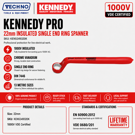 22mm Insulated Single End Ring Spanner 1000V VDE by Kennedy Pro | Metric available in size 10-24mm Chrome Vanadium