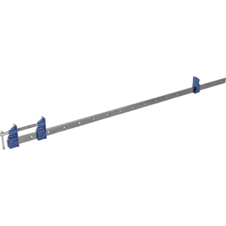Long metal rod with blue clamps on a white background