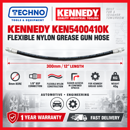 KENNEDY KEN5400410K 300mm Flexible Nylon Grease Gun Hose, 8mm Bore, 1/8" BSP Connection KENNEDY